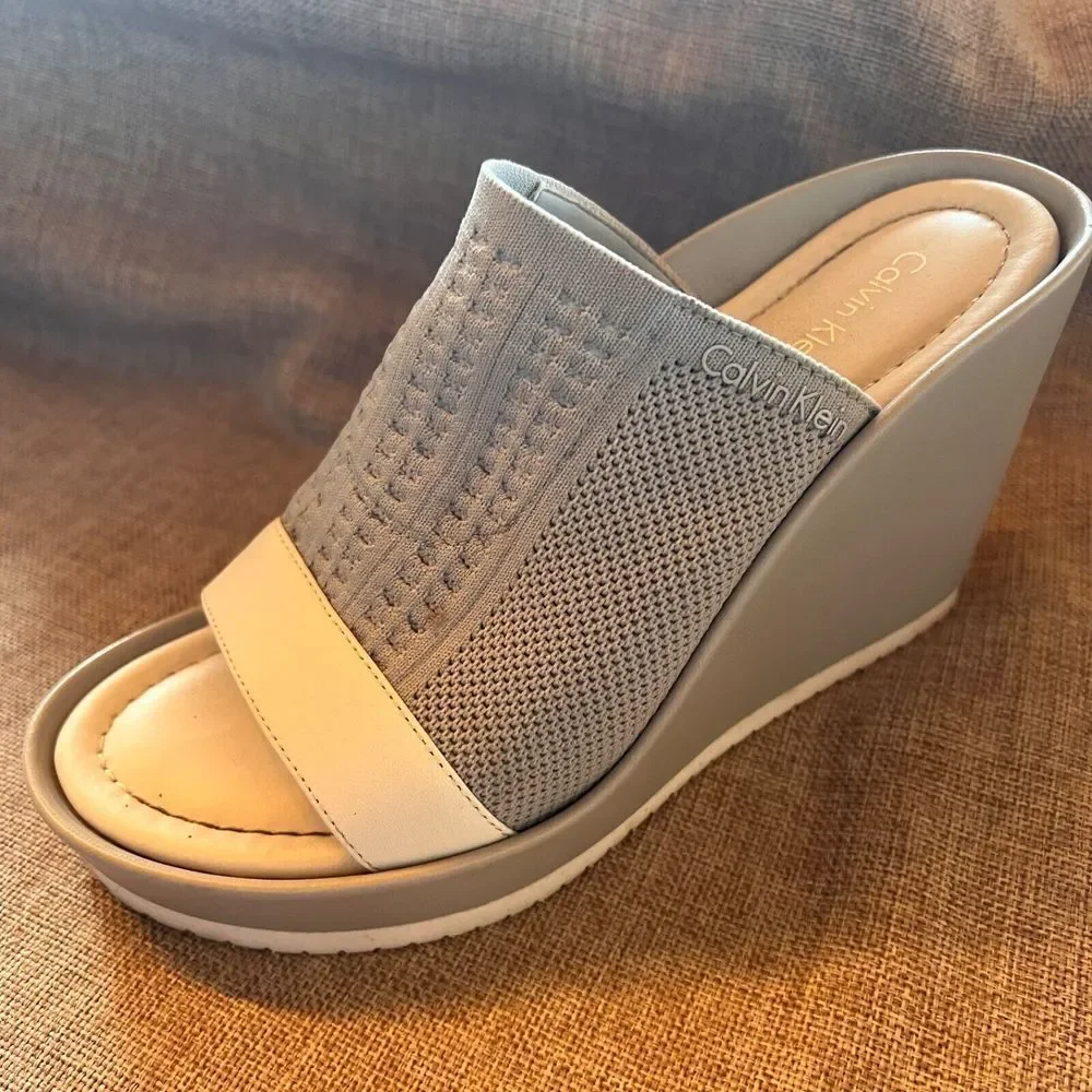 Calvin Klein Wedge Platform Gray‎ Slide Sandals Stretch PreOwned Size 8 EU 38 4